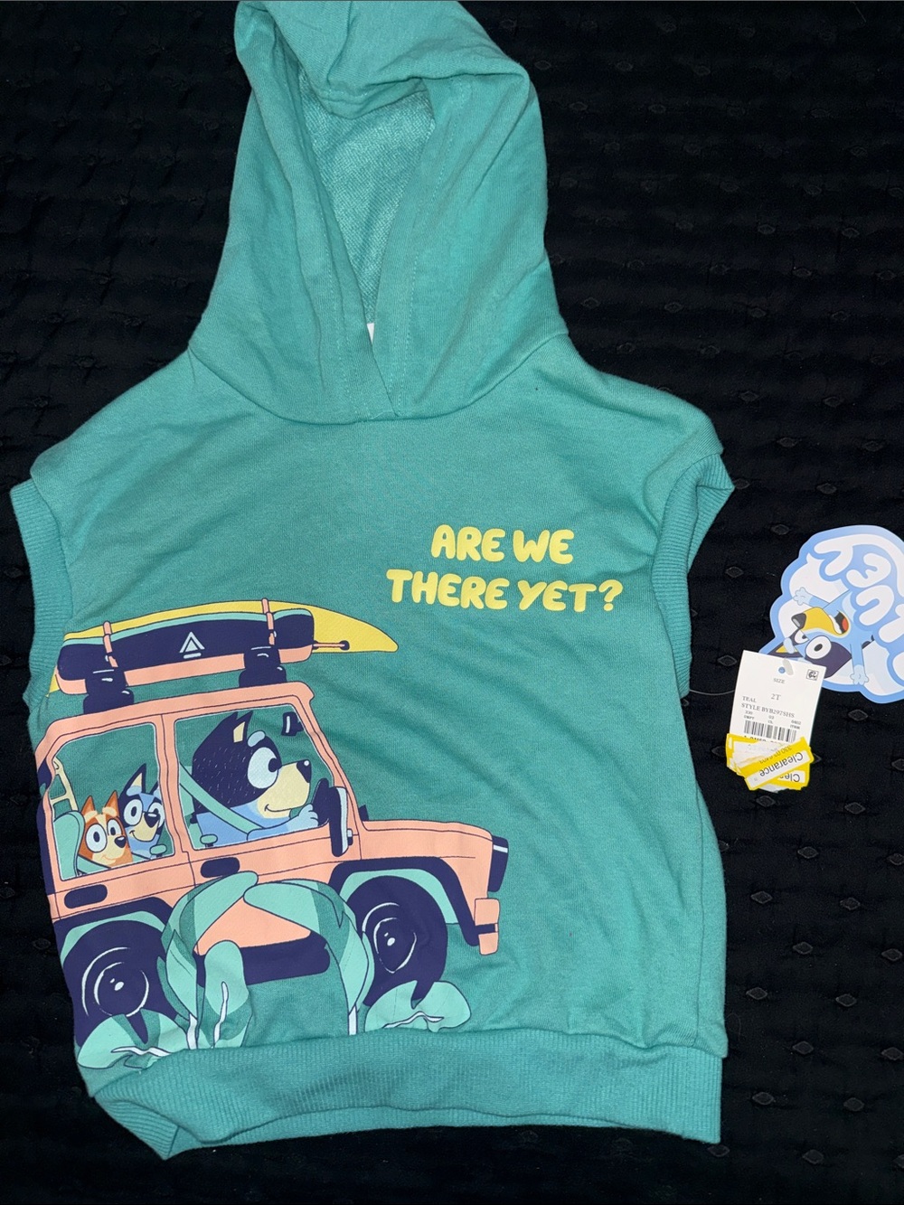 Blue Sleeveless Kids Hoodie with 'Are We There Yet?' Graphic